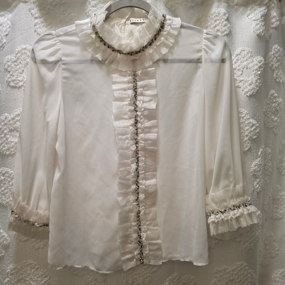 Alice + Olivia White Ruffle Rhinestone Lace Victorian Blouse Top Small Chiffon
